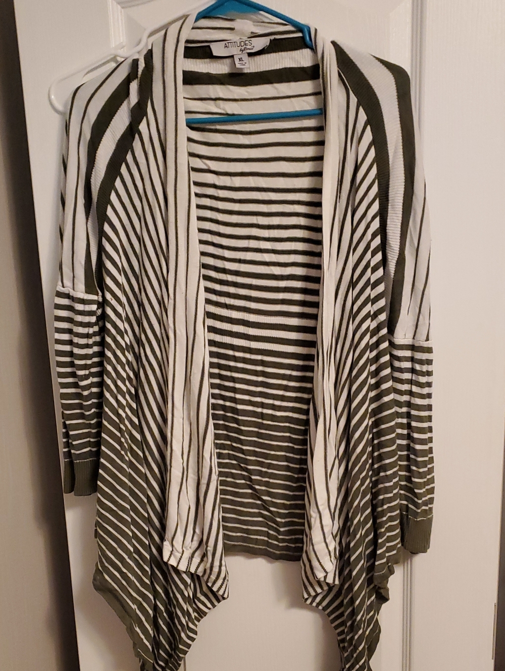 Attitudes by Renee Olive & White Striped Draped Open-Front Cardigan